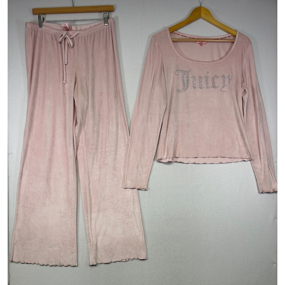 Y2K McBling Juicy Couture Womens XL Pink Velour Rhinestone Logo Pajama Set